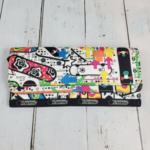 LeSportSac White Skateboard Long Flap Wallet Slim Multi Compartment Colorful GUC